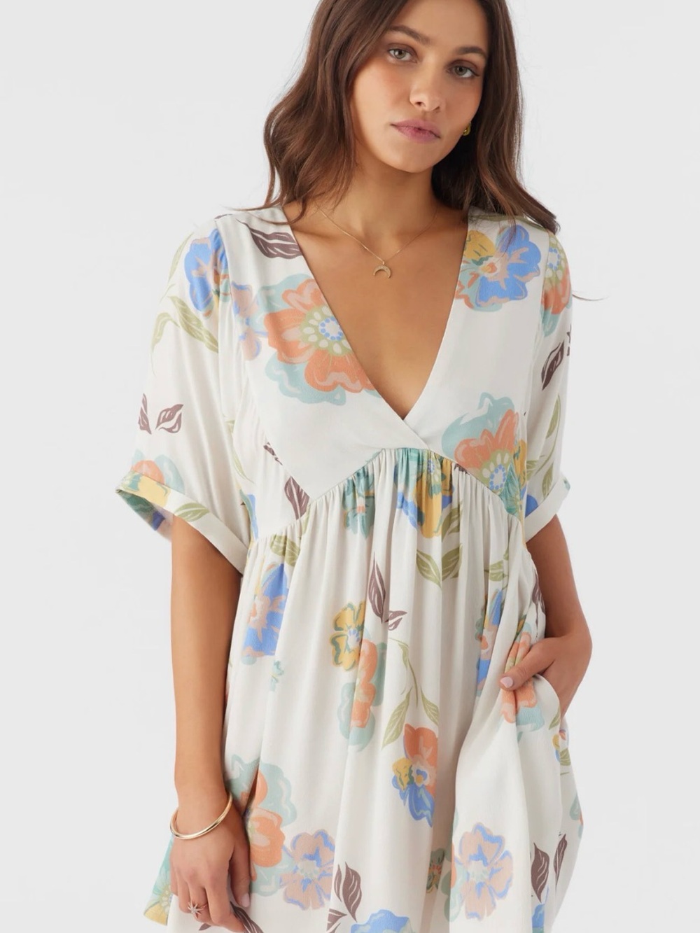O’Neill Rosemary Mini Boho Floral V-Neck Babydoll Dress